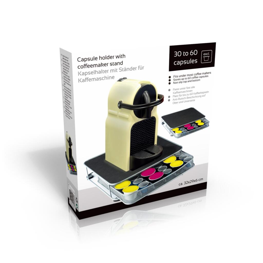 Stojan na kávovar s držiakom na kapsuly 32x29x6 cm kovový/čierny/strieborný