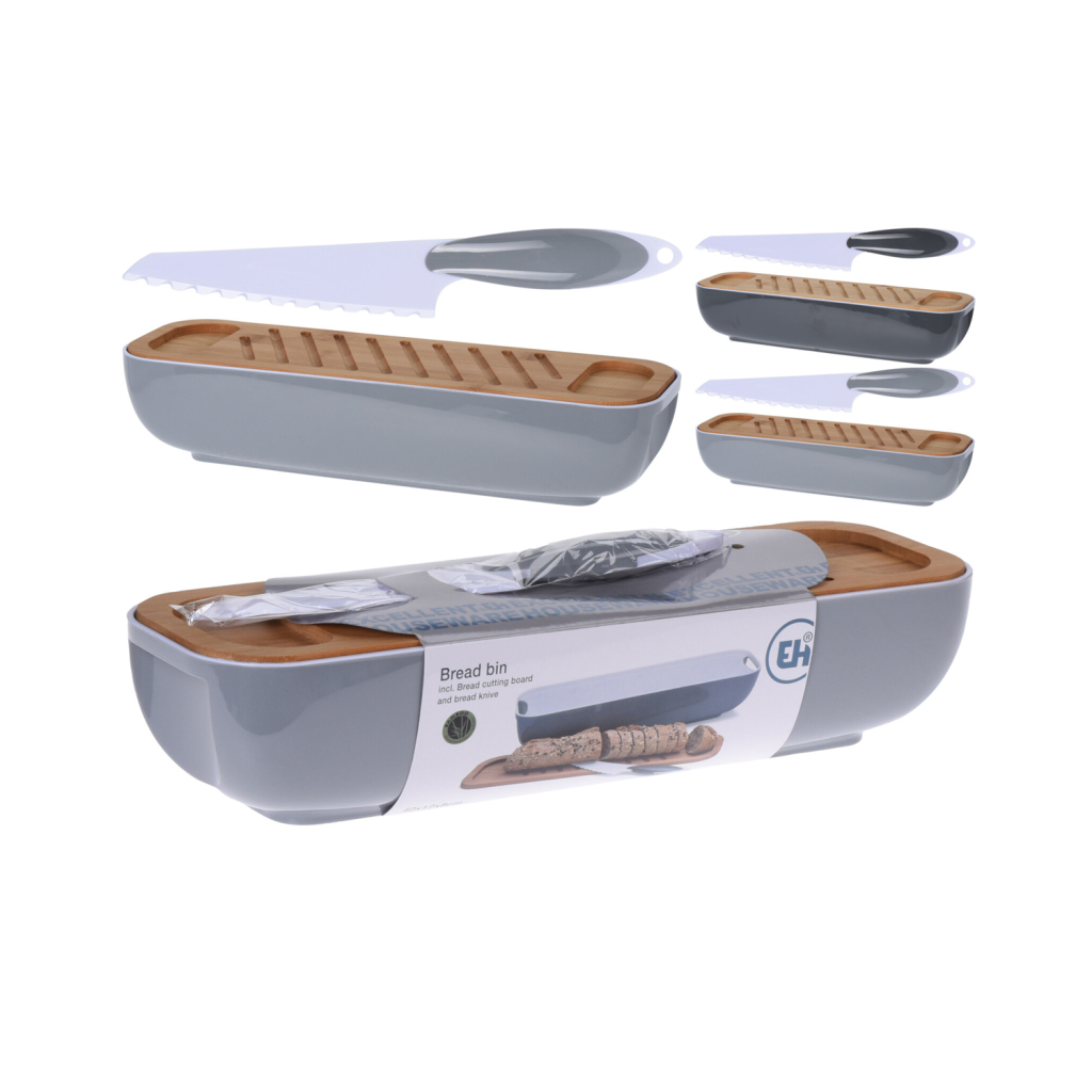 Chlebník Excellent Houseware + drevená doska na krájanie a nôž v rôznych farbách
