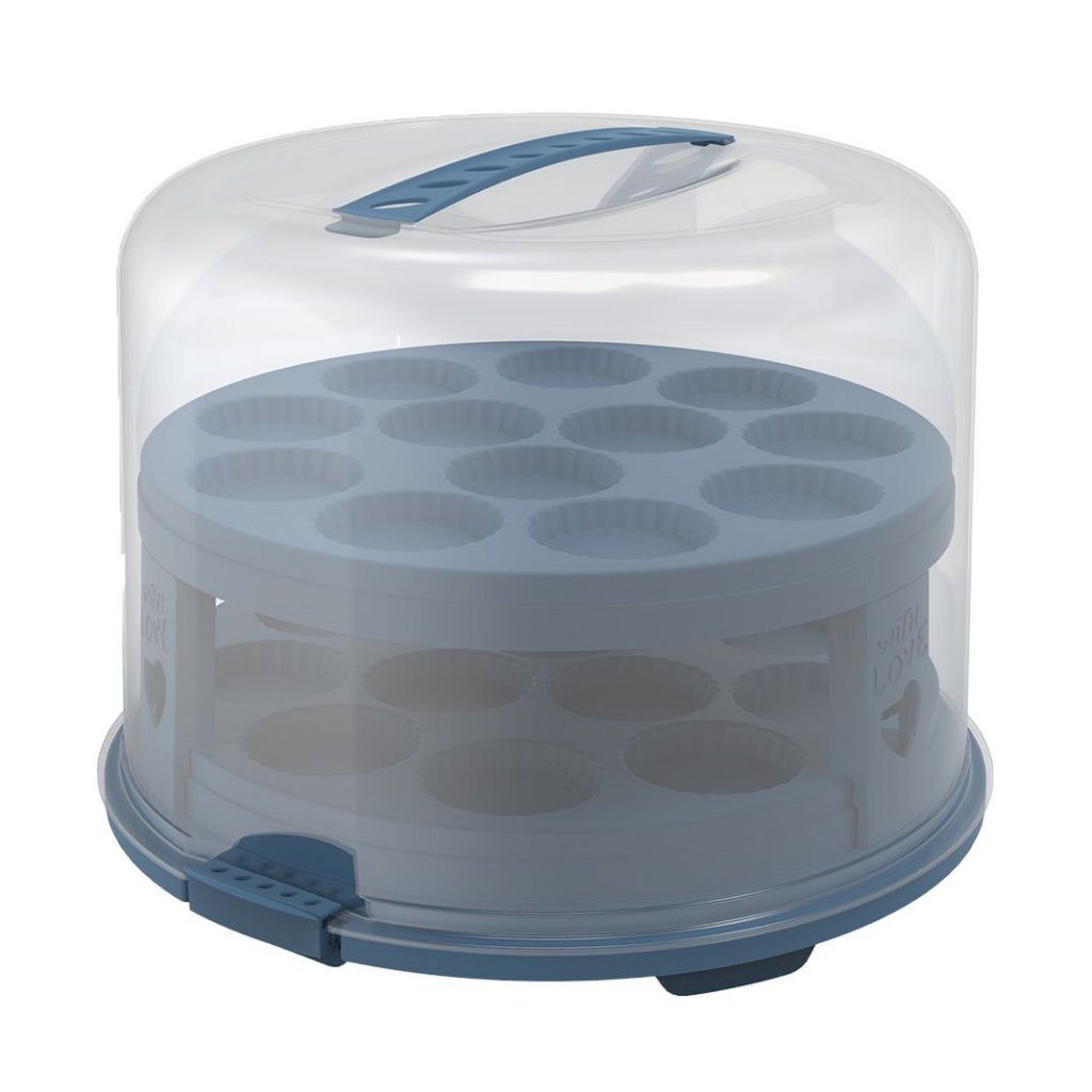 Rotho krabička na čerstvé torty XL + držiaky na muffiny 35,5x34,5x26 cm, horizontálna modrá/priehľadná